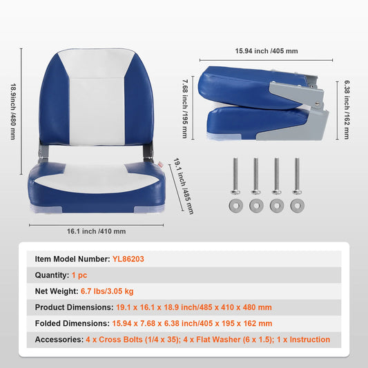 SucceBuy Boat Seat 18.9" Low Back Boat SeatFolding Boat Chair with Thickened Sponge Padding & Hinge Fold-Down Boat Captain Chair