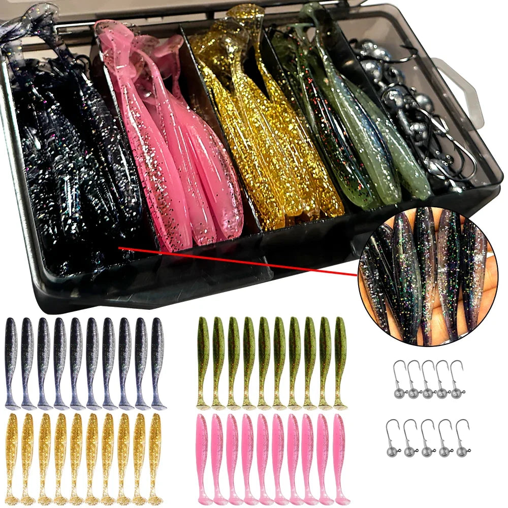 50PCS/Box Metal Jig Bait 5.5cm 7cm 10cm Soft Lure 3g 5g 7g 10g 14g Jigging Head Hook Carp Fishing Box Pesca Sinking Lure Kit