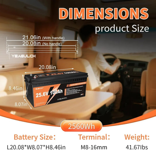 24V 100Ah LiFePO4 Battery, Built-in 100A BMS, 2560Wh, 10000+ Deep Cycles Rechargeable, Custom