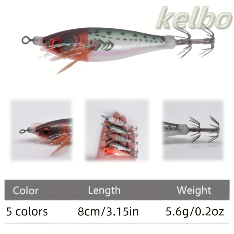 5pcs Glow-in-the-Dark Fishing Lures with 3D Eyes - Realistic Shrimp, Squid, Octopus - Hard Bait Jig Lures with Hooks, Non-Toxic,