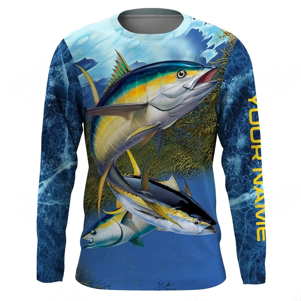 Men Blue Fishing 3D Print Long Sleeve  T-shirt  Breathable Performance Fashion Tops Tees Fishing Lover Tshirt Mens Clothing