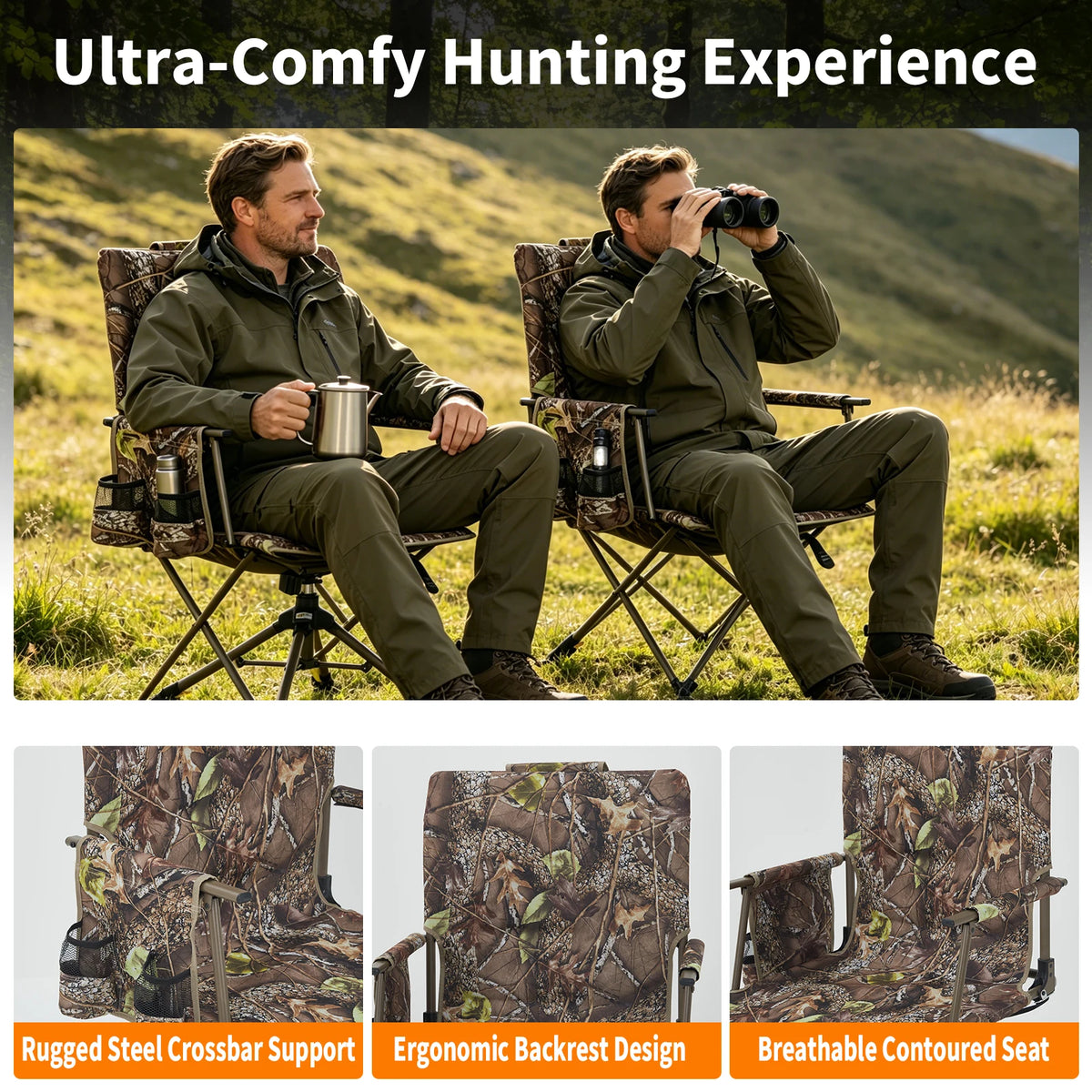 360° Swivel Folding Dining Chair Mesh Backrest Heavy-Duty Steel Frame 330 lb Capacity Leaf Camouflage Portable Camping Chair Hunting Hammock Seat Outdoors Low Down Hunting Seat for Fishing Camping