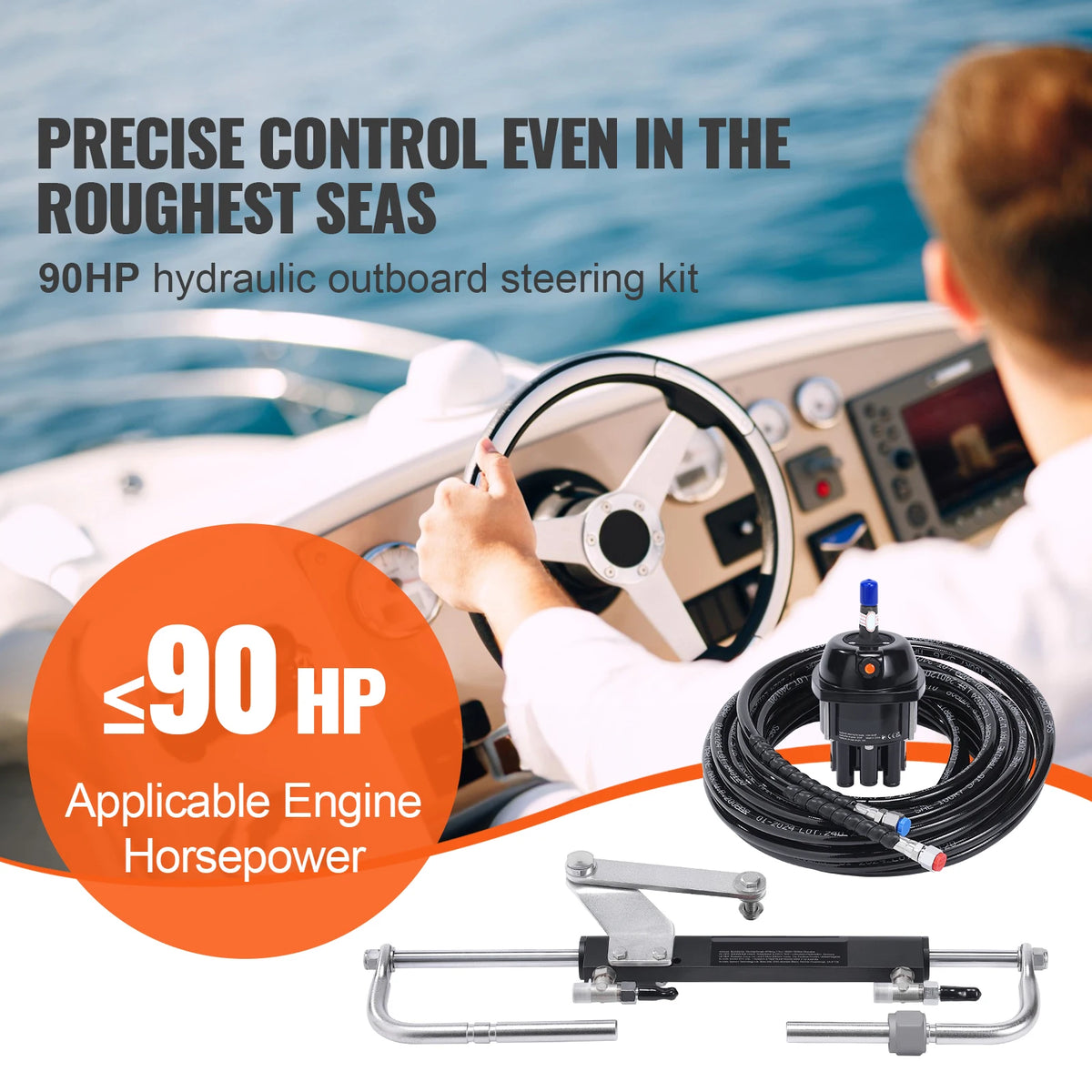 SucceBuy Hydraulic Outboard Steering Kit 90HP/150HP/300HP & Helm Pump and 24FT/26Ft Hose for Single Station Single-Engine Boats