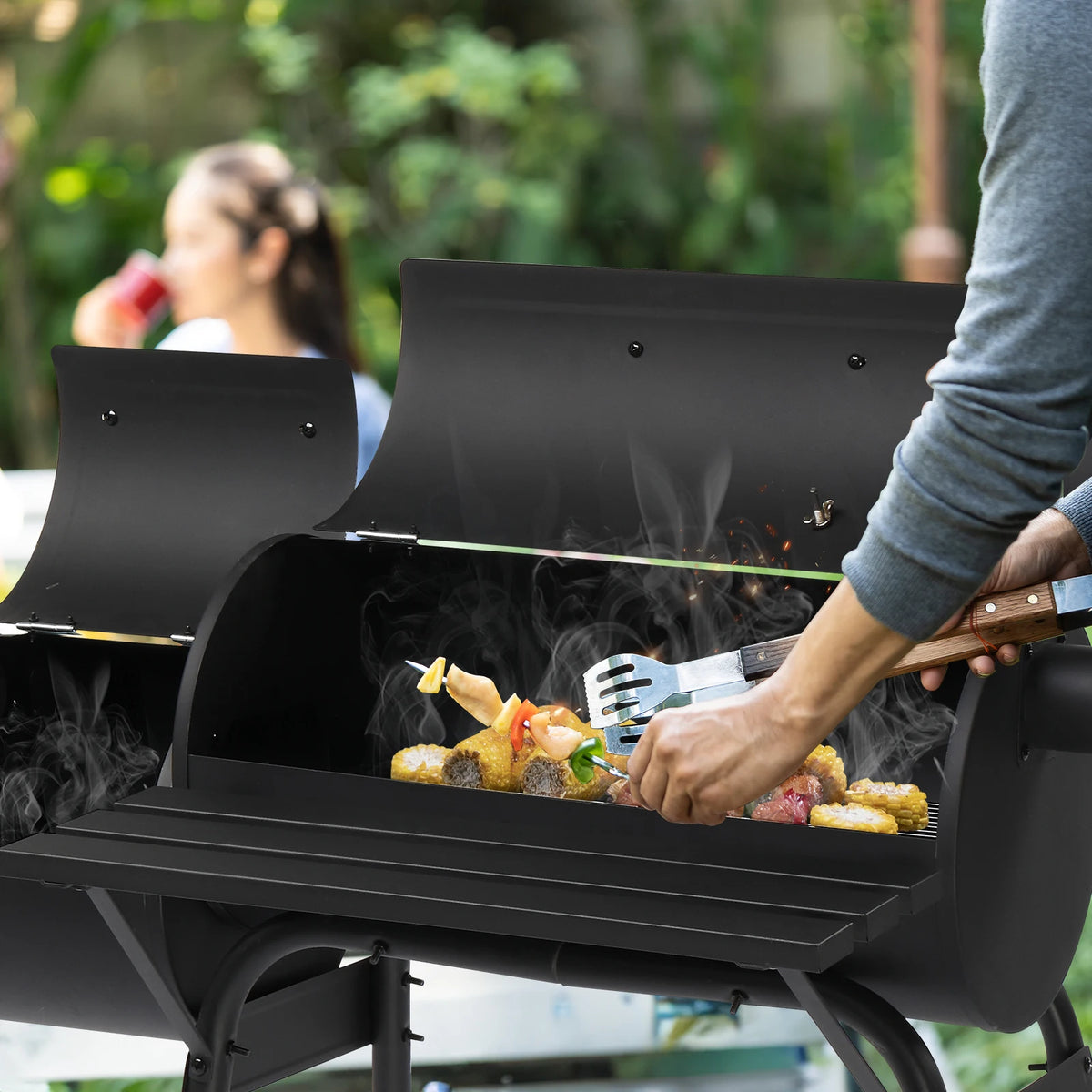 Barrel Charcoal Grill with Offset Smoker, All Metal Outdoor Smoker with Side Table and Wheels for Outdoor Garden Patio