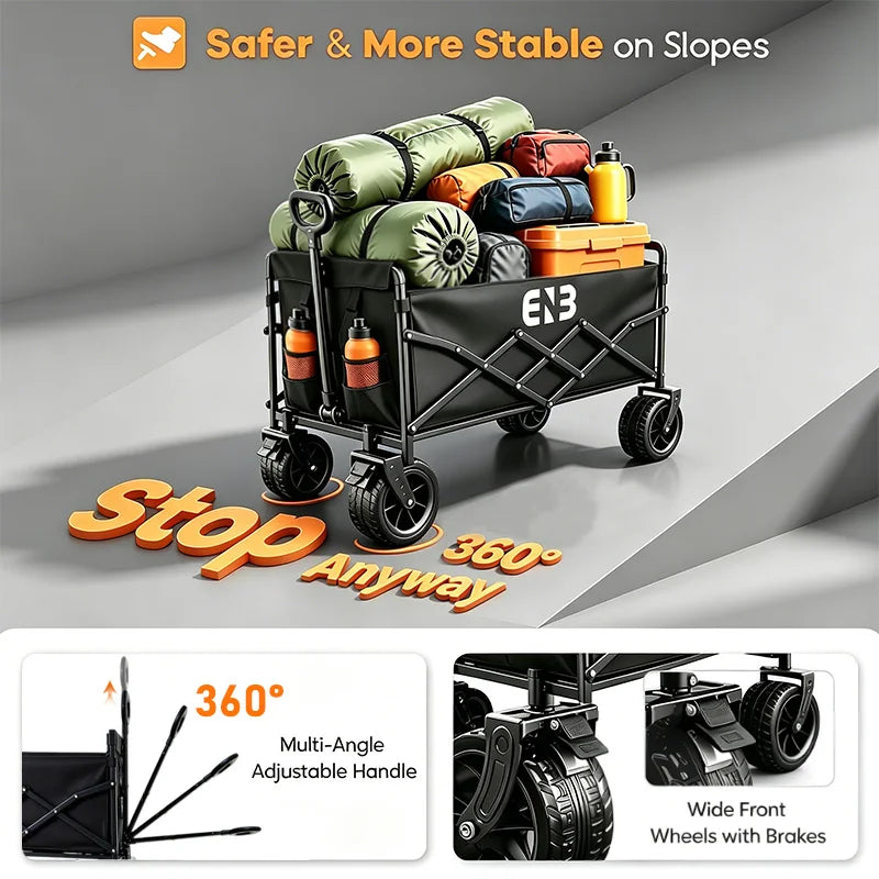 Quiet All-Terrain Folding Multifunctional Shopping Cart—Large Storage Capacity, One-Button Folding for Easy Storage, Black Waterproof Oxford Fabric with Side Cup Holders—Ideal for Camping, Outings, Gardening, and Heavy-Du