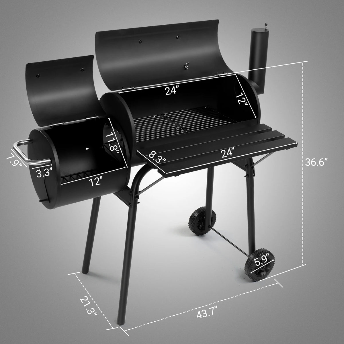 Barrel Charcoal Grill with Offset Smoker, All Metal Outdoor Smoker with Side Table and Wheels for Outdoor Garden Patio
