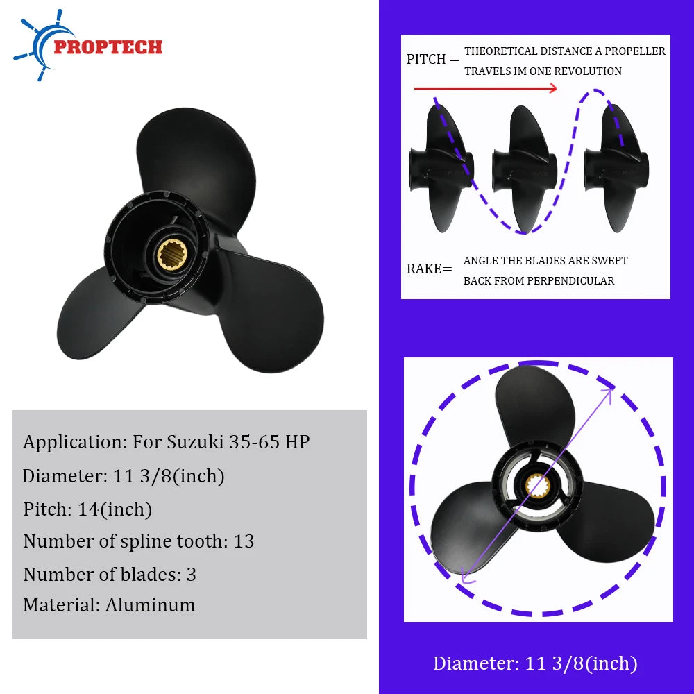 11 3/8X14 Outboard Propeller For Suzuki 35hp 40hp 50hp 55hp 60hp 65hp Motor Aluminum Screw 3 Blade 13 Spline Marine Engine Part