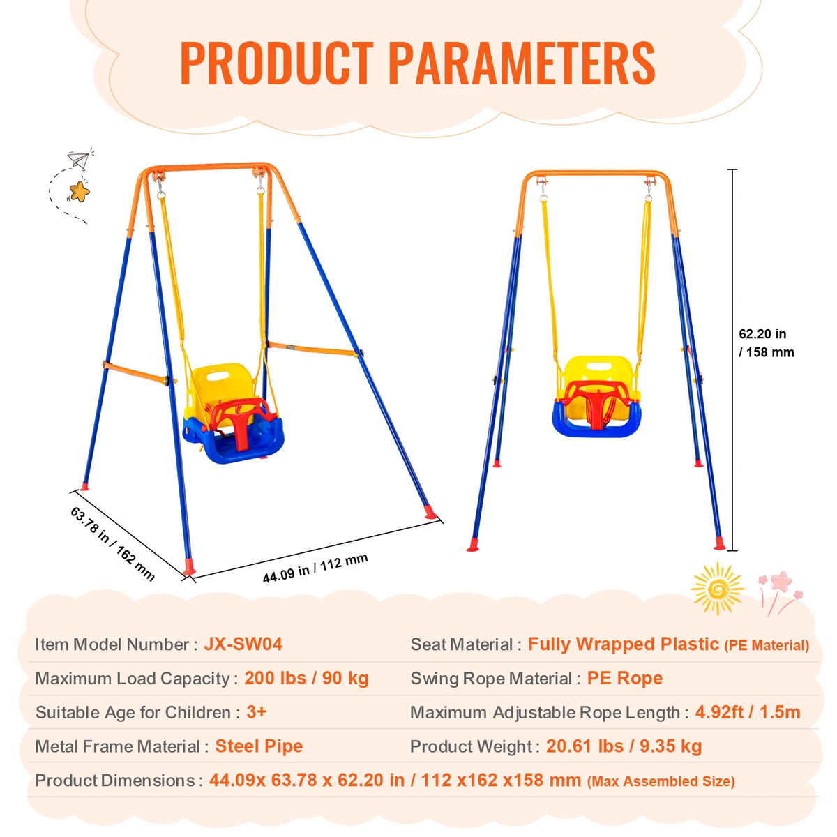 SucceBuy Swing Sets for Backyard 600lbs Capacity Swing Set with 1 Saucer Swing Seat 2 Belt Swing Seats Swingset Outdoor for Kids