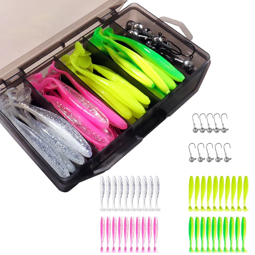 50PCS/Box Metal Jig Bait 5.5cm 7cm 10cm Soft Lure 3g 5g 7g 10g 14g Jigging Head Hook Carp Fishing Box Pesca Sinking Lure Kit