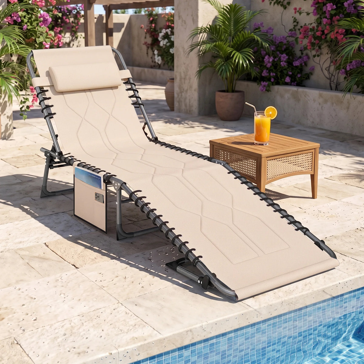 Outdoor Reclining Folding Chaise Lounge Chair, Adjustable, Padded, Pocket, Beige