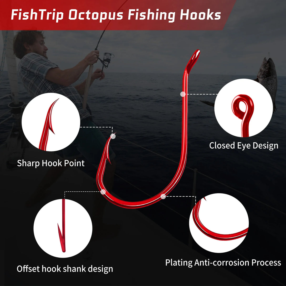 FishTrip Red Octopus Hooks 50-100PCS Circle Hook Offset 2X Strong Live Bait Barbed Carp Hook Saltwater Freshwater Catfish Bass