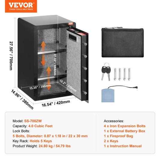 SucceBuy Single Door 4.0 cu.ft Safe Box w/ Key Lock Password & Fingerprint Safe Lock Box with Fireproof Bag Key Rack & LED Light
