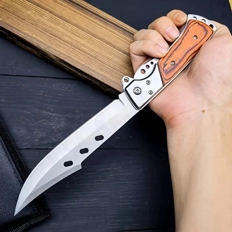Tactical Folding Knife with Solid Wood Handle, High-Hardness Stainless Steel Blade, V-Grind Edge, Foldable Design for Camping, S