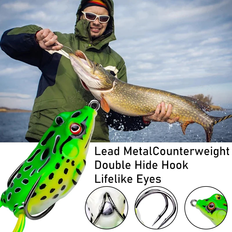10pcs Frog Shape Lure Soft Tube Bait Plastic Fishing Lure with Fishing Hooks Topwater Ray Frog Artificial 3D Eyes
