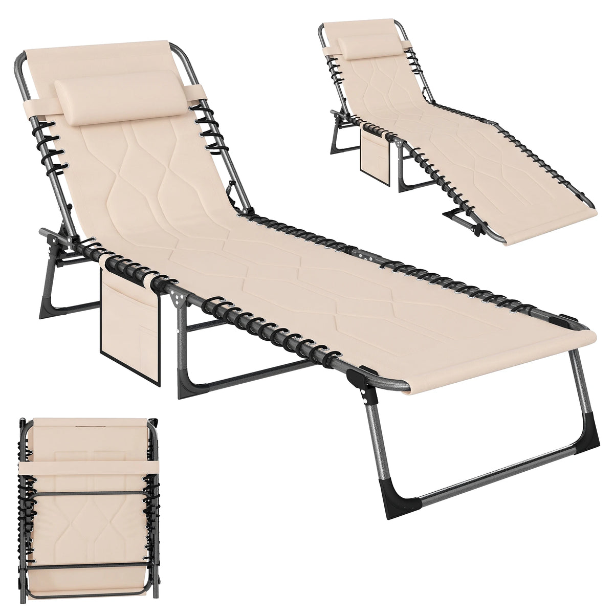 Outdoor Reclining Folding Chaise Lounge Chair, Adjustable, Padded, Pocket, Beige