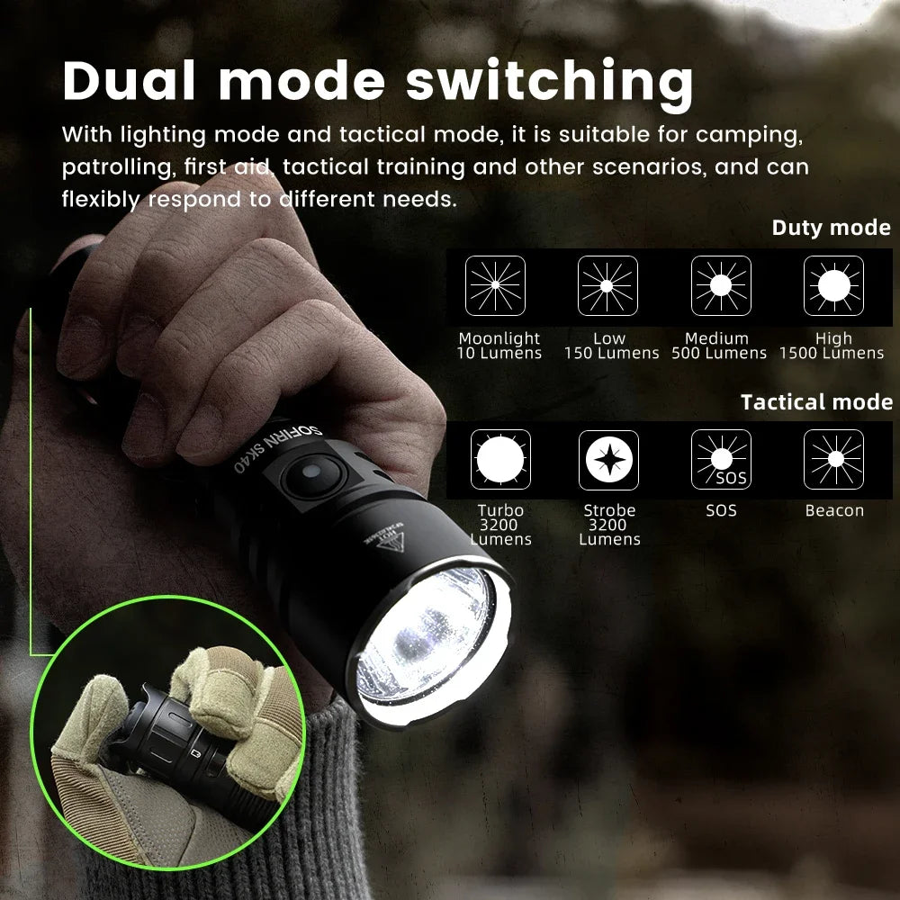 Sofirn SK40 SFT70 LED 3200lm Tactical Flashlight 21700 Rechargeable Powerful Torch 580M Long-Range With Spotlight