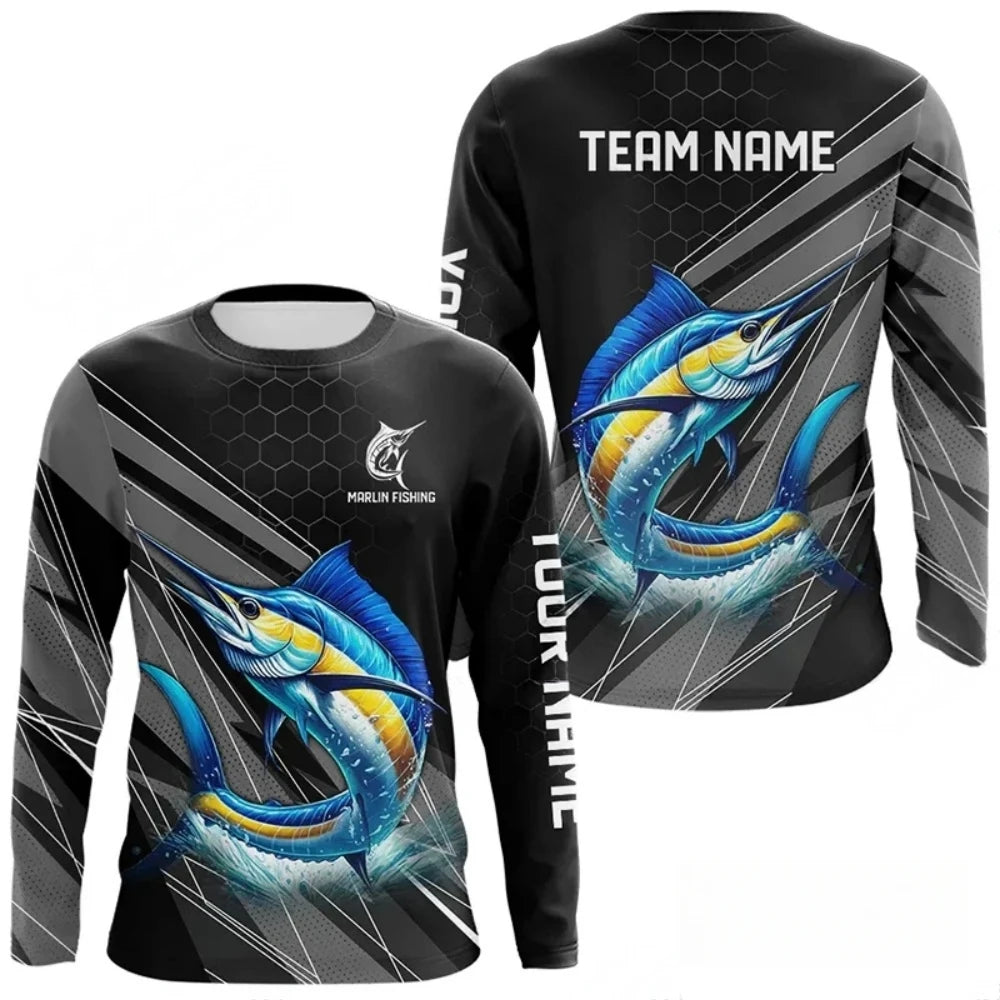 Men Blue Fishing 3D Print Long Sleeve  T-shirt  Breathable Performance Fashion Tops Tees Fishing Lover Tshirt Mens Clothing