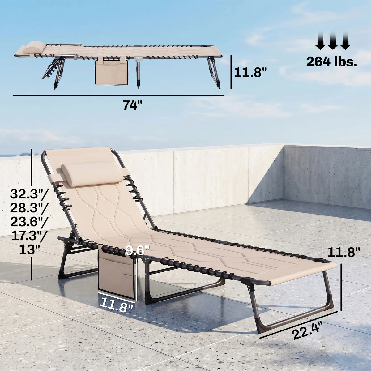 Outdoor Reclining Folding Chaise Lounge Chair, Adjustable, Padded, Pocket, Beige