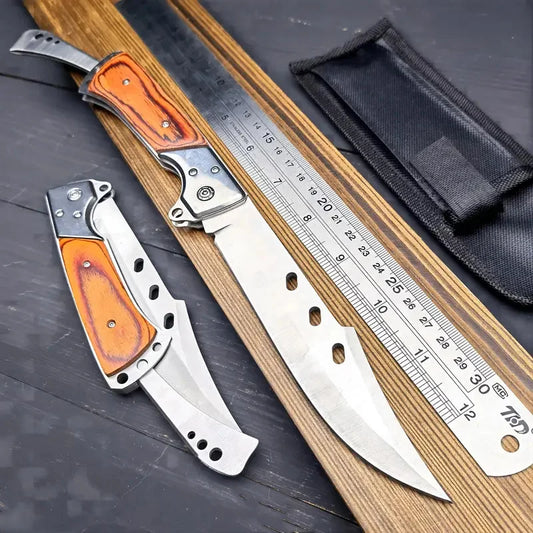 Tactical Folding Knife with Solid Wood Handle, High-Hardness Stainless Steel Blade, V-Grind Edge, Foldable Design for Camping, S