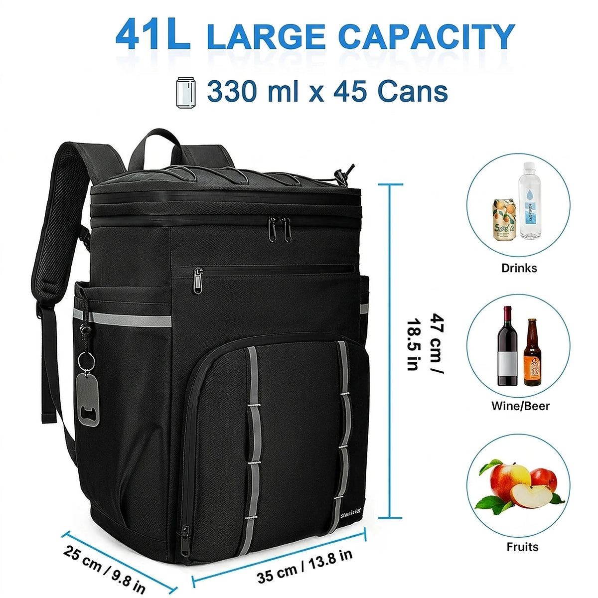 Zoyiancy 41L Insulated Cooler Backpack, Water-Resistant Black Soft Cooler Bag Holds 45 Cans, Large Lunch Backpack with Pockets for Camping, Hiking & Picnics