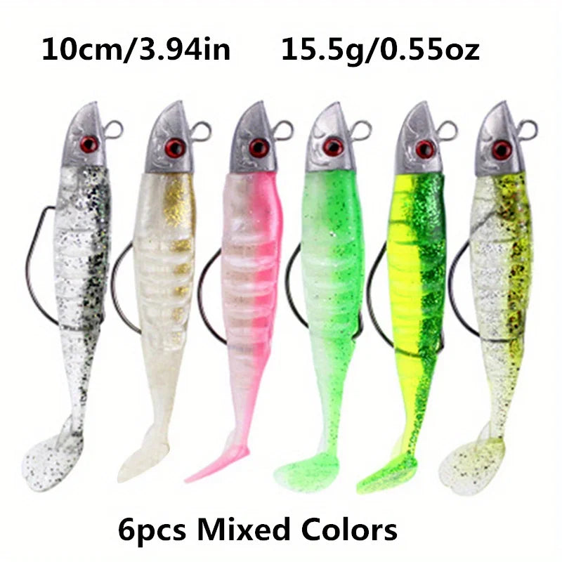 Mixed 6-Piece Set of Jig Head Soft Baits, 3.94inch / 5.12inch Paddle Tail Swimbaits with Jig Heads Suitable for Saltwater and Freshwater Fishing, Detachable Lures, Suitable for Bass, White Catfish, Rockfish