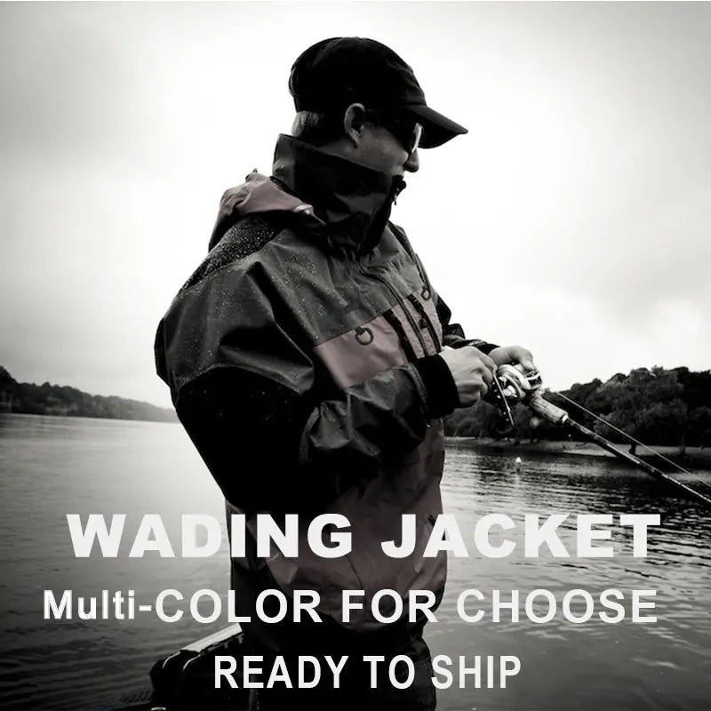 3-Layer Fishing Wading Jacket, Breathable Outdoor Fly Fishing Rain Coat for Men Lightweight Windbreaker with Detachable Hood
