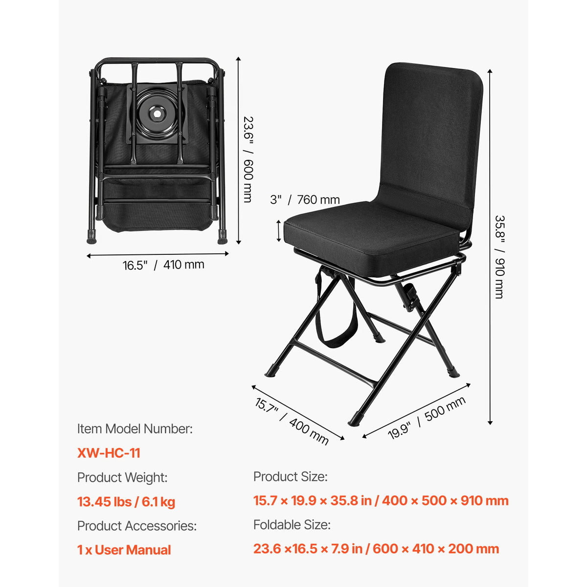 SucceBuy Hunting Chair 360° Silent Swivel Foldable Lightweight Portable Blind Chair with Adjustable Shoulder Strap for Fishing