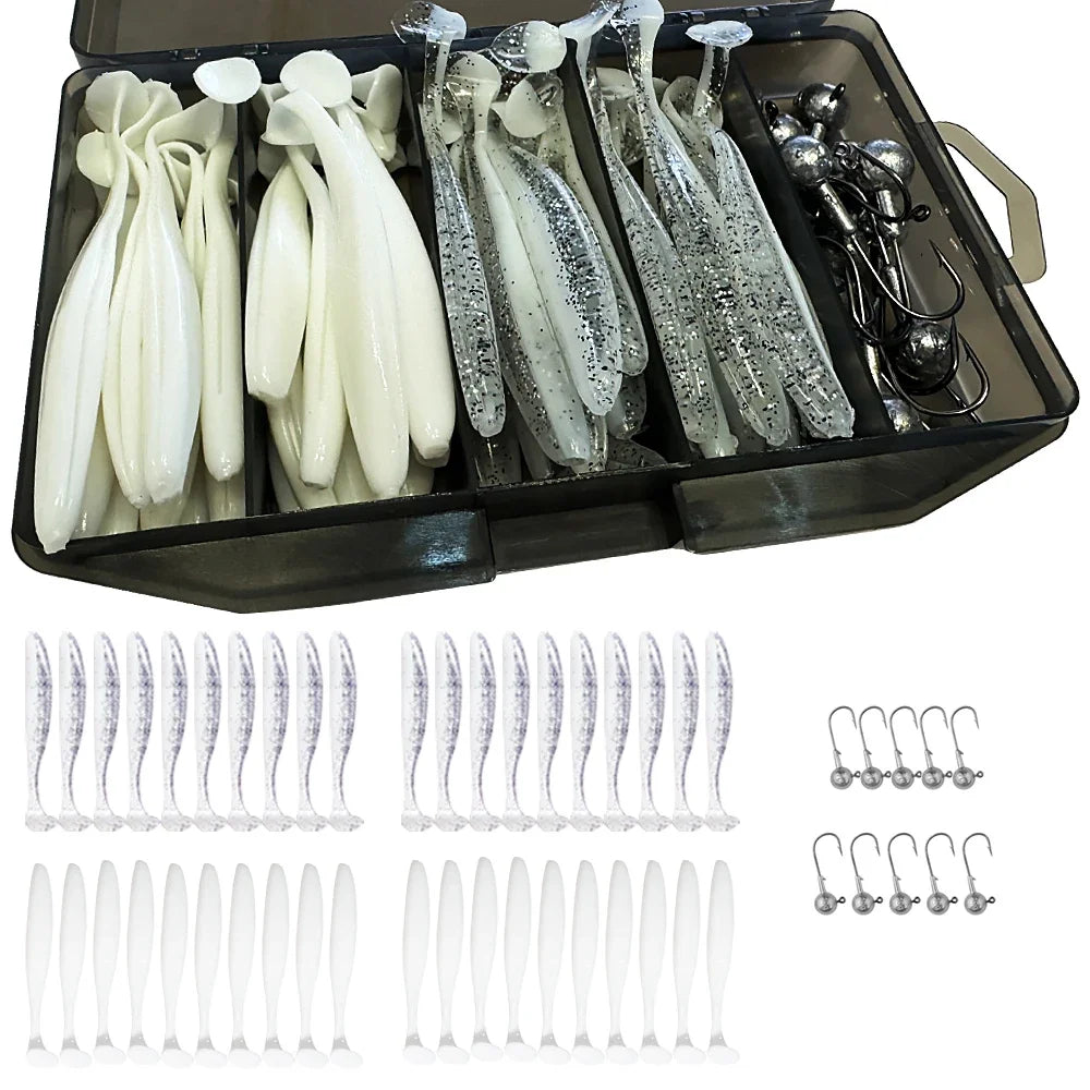 50PCS/Box Metal Jig Bait 5.5cm 7cm 10cm Soft Lure 3g 5g 7g 10g 14g Jigging Head Hook Carp Fishing Box Pesca Sinking Lure Kit