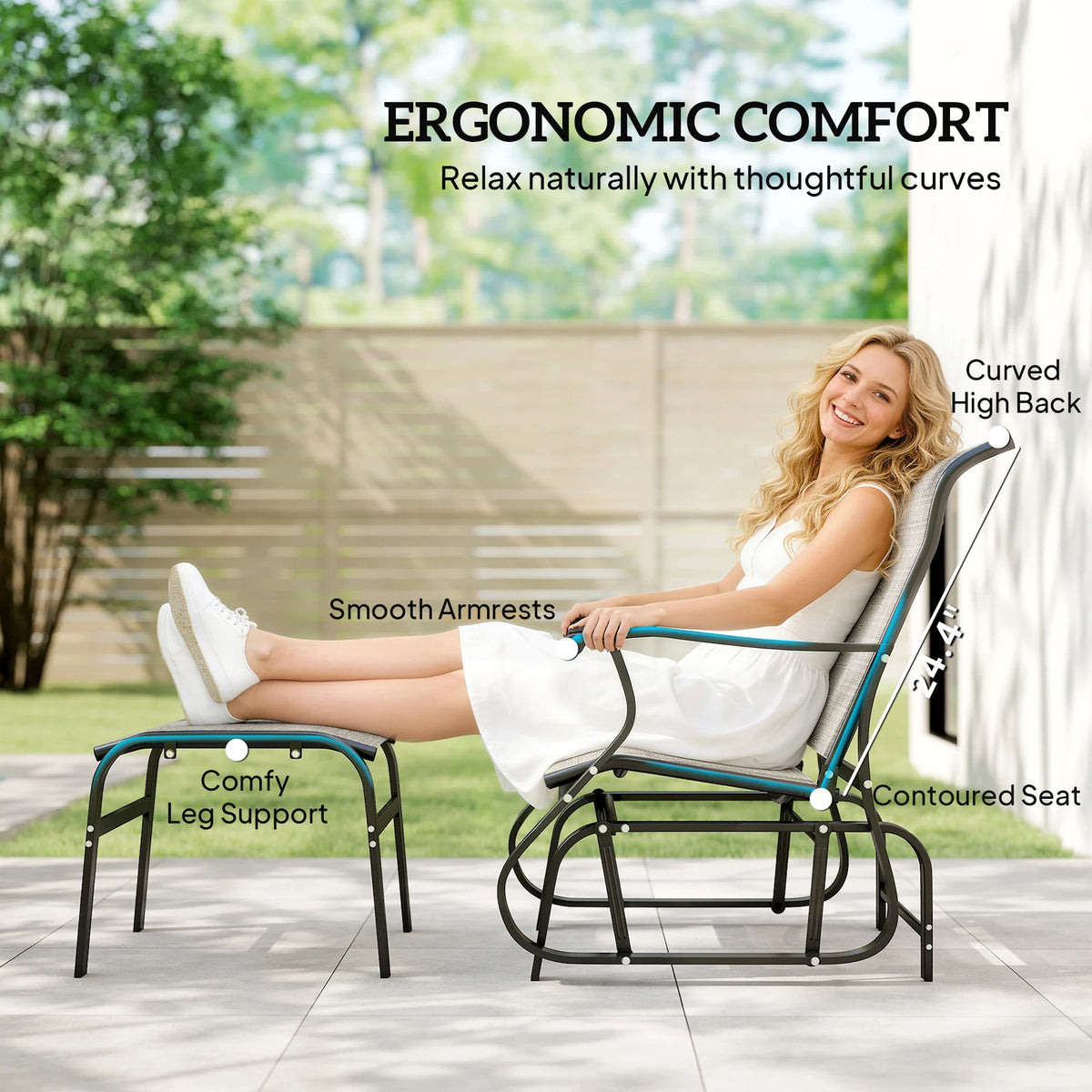Outdoor Glider with Ottoman, High Back Patio Glider Set, Gray