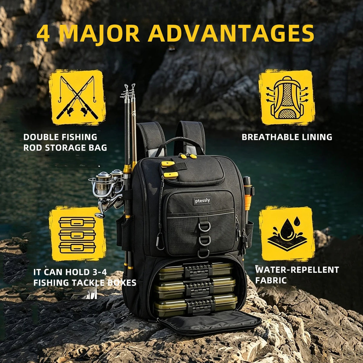 40L Large Capacity Fishing Backpack, 900D Water Resistant Oxford Tackle Bag with Dual Rod Holders for Outdoor Saltwater