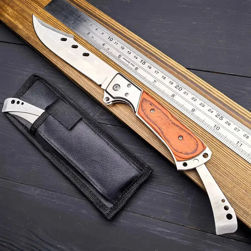 Tactical Folding Knife with Solid Wood Handle, High-Hardness Stainless Steel Blade, V-Grind Edge, Foldable Design for Camping, S