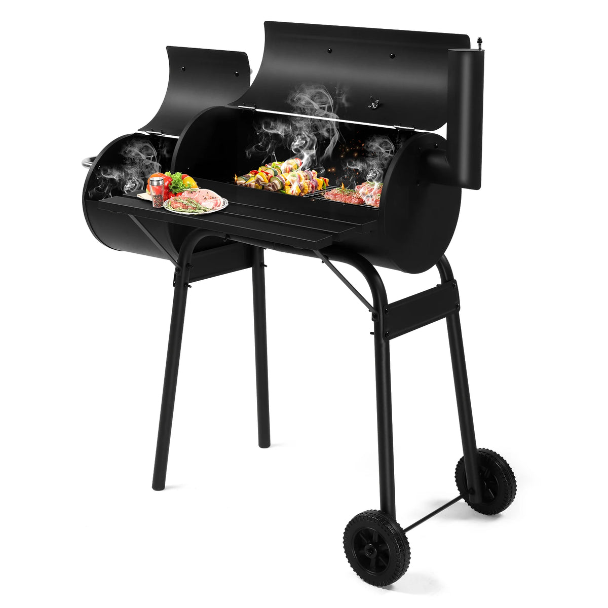 Barrel Charcoal Grill with Offset Smoker, All Metal Outdoor Smoker with Side Table and Wheels for Outdoor Garden Patio