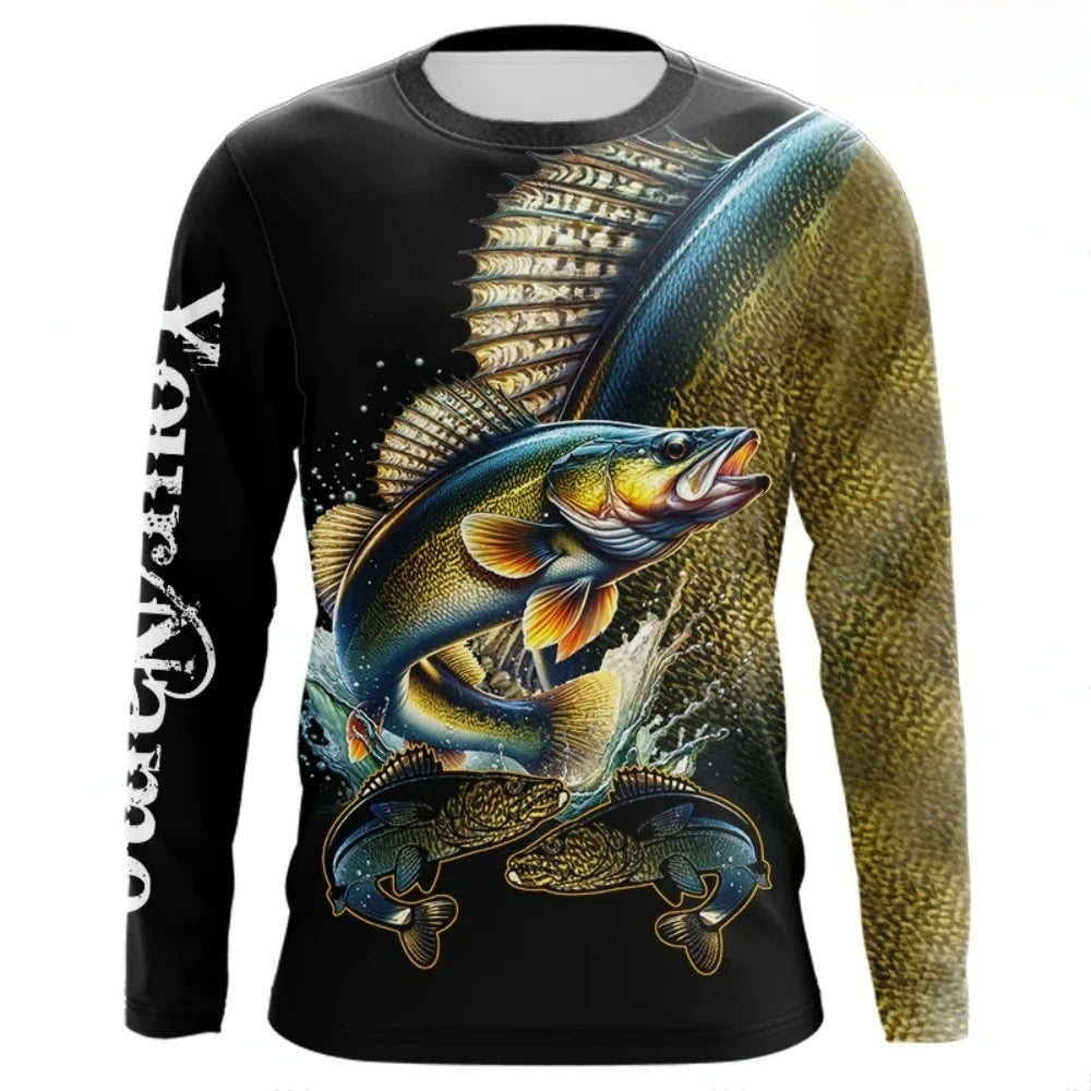 Men Blue Fishing 3D Print Long Sleeve  T-shirt  Breathable Performance Fashion Tops Tees Fishing Lover Tshirt Mens Clothing