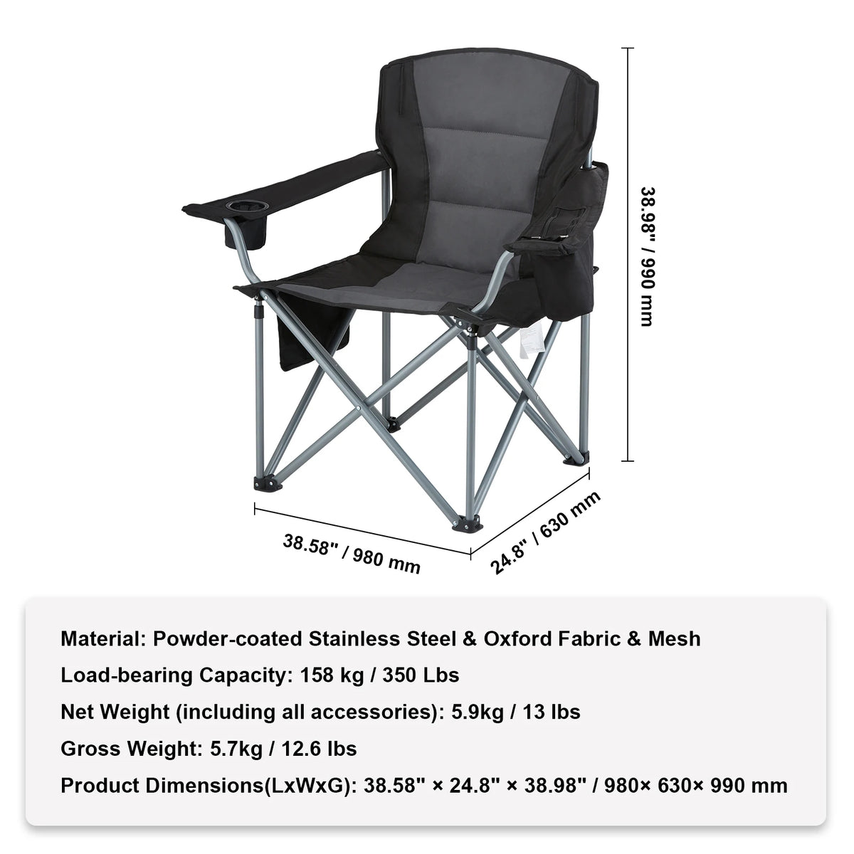 SucceBuy Camping Folding Chair for Adults Portable Quad Lumbar Back Padded Arm Chairs with Side Pockets for Beach, Lawn, Picnic