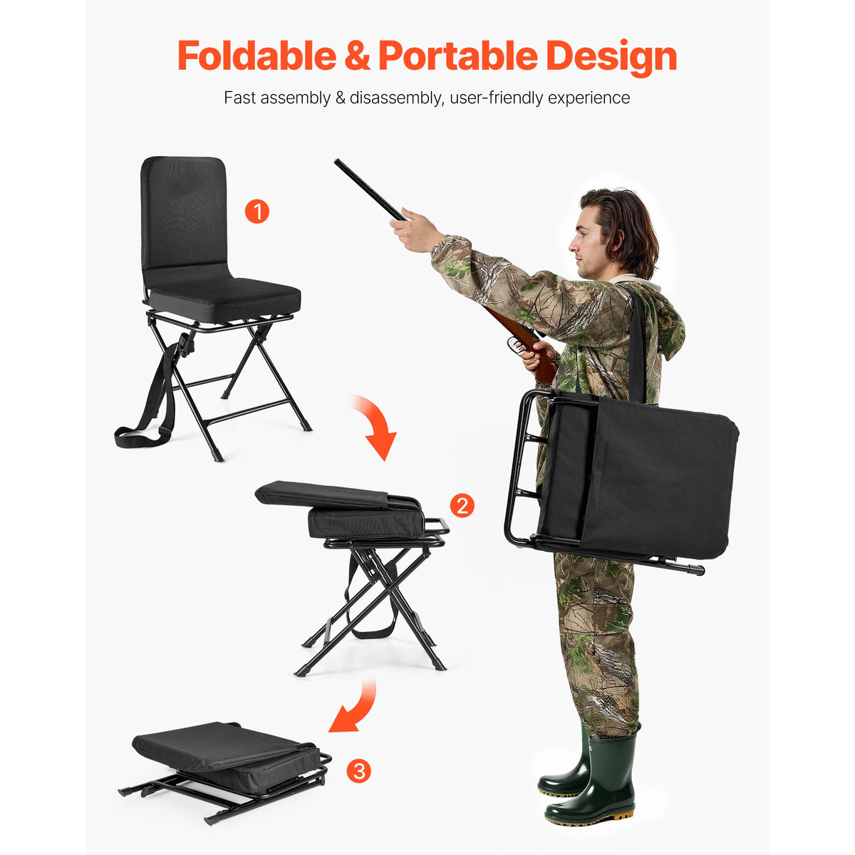 SucceBuy Hunting Chair 360° Silent Swivel Foldable Lightweight Portable Blind Chair with Adjustable Shoulder Strap for Fishing