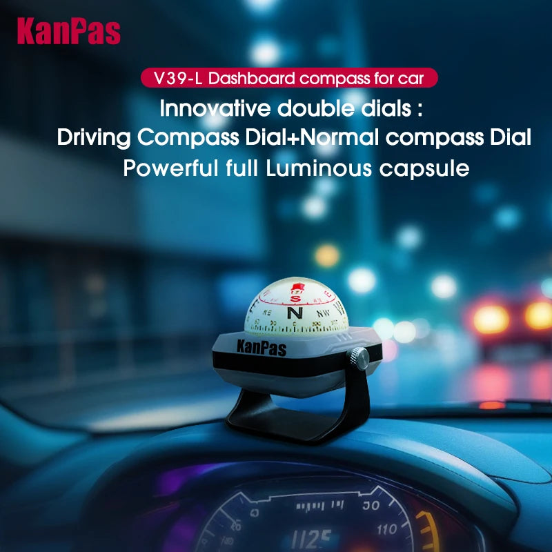 KanPas Dash Board Compass for Car/Innovative Double Dials/Powerful Luminous Capsule/Adjustable Compass Holder