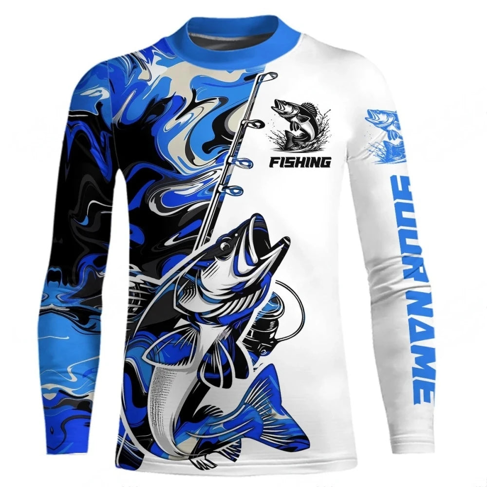 Men Blue Fishing 3D Print Long Sleeve  T-shirt  Breathable Performance Fashion Tops Tees Fishing Lover Tshirt Mens Clothing