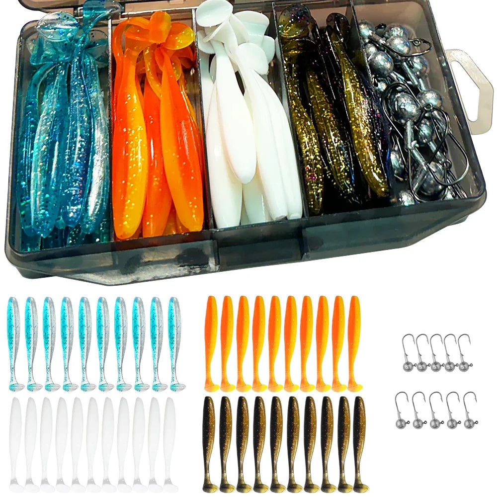 50PCS/Box Metal Jig Bait 5.5cm 7cm 10cm Soft Lure 3g 5g 7g 10g 14g Jigging Head Hook Carp Fishing Box Pesca Sinking Lure Kit