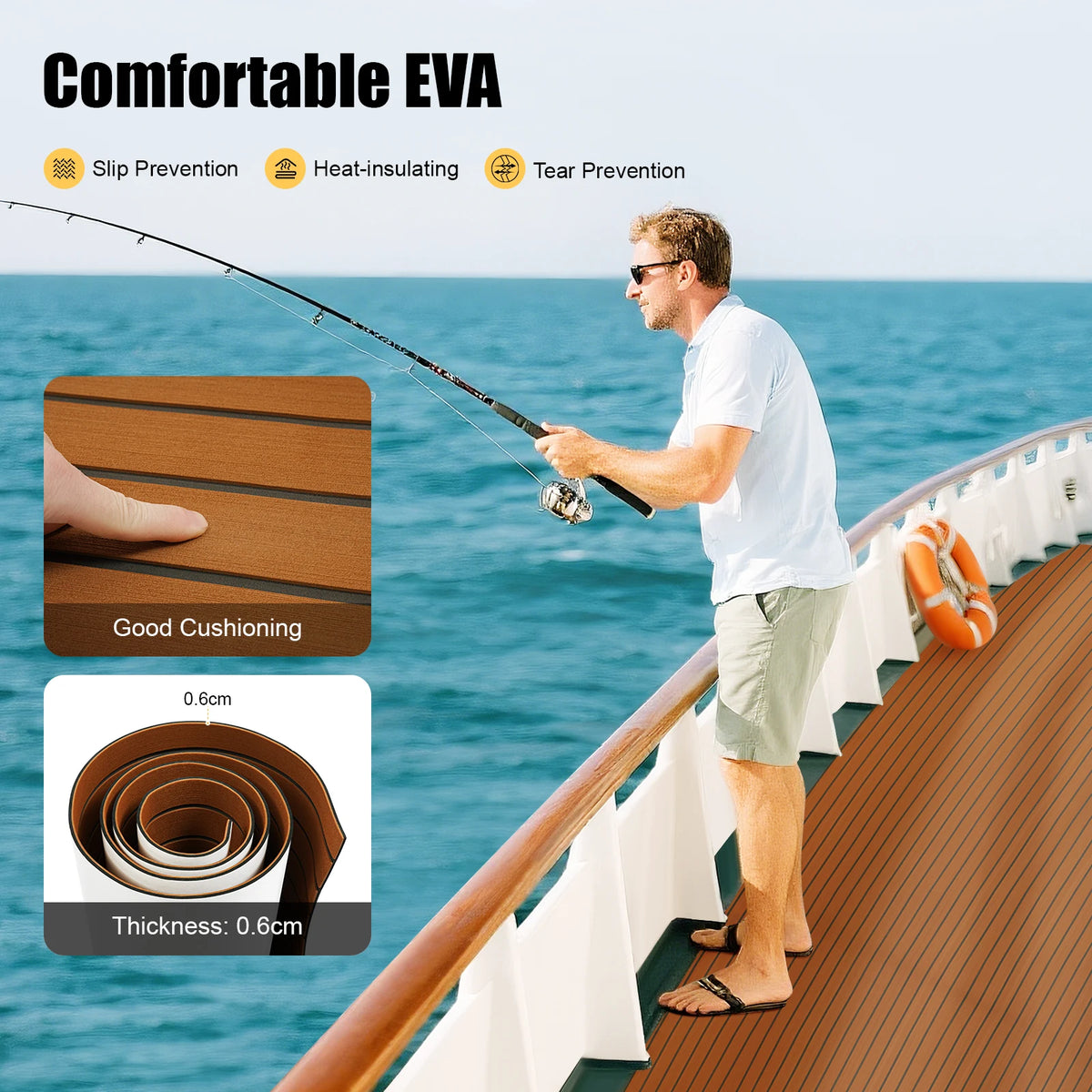 240x90cm EVA Foam Teak Floor Mat 6mm Thick Anti-Slip Self-Adhesive Pad Cuttable Waterproof Marine Carpet for Boat Deck RV Yacht