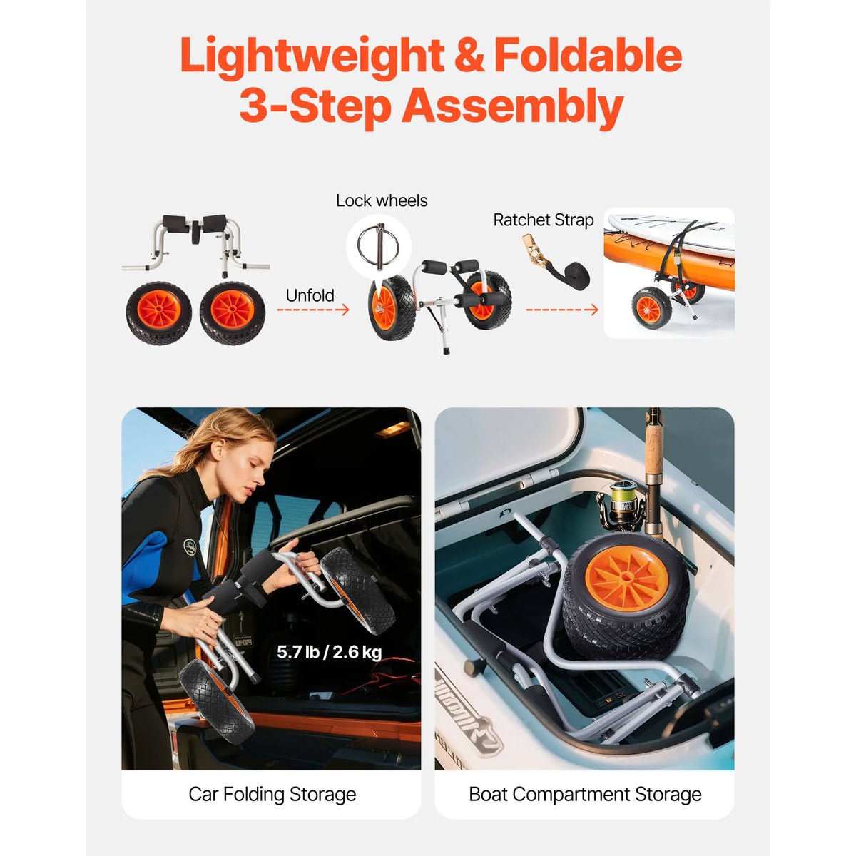 SucceBuy 200 lbs Kayak Cart Foldable Kayak Trolley with 10in Solid Tires Paddle Board Trolley for Carrying Canoes Float Mats