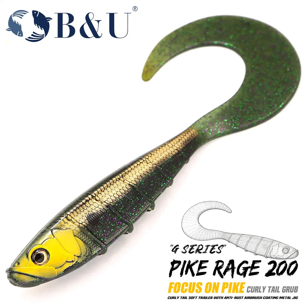 B&U 20cm Curly Tail Soft Fishing Lure Big Swimbait Grub Bait for Pike Musky Muskie Predator Fishing