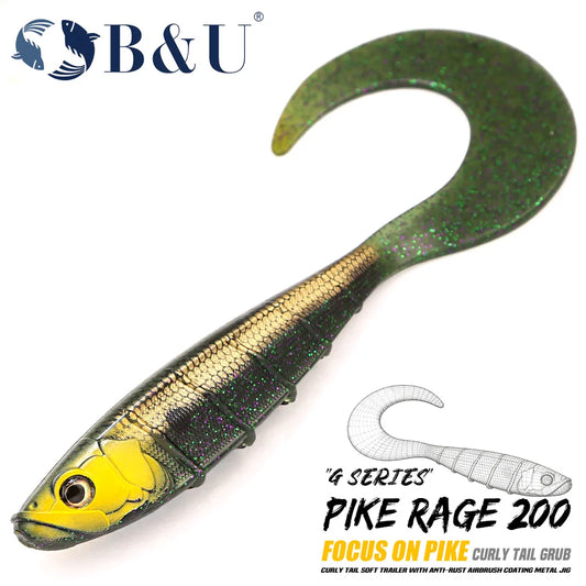 B&U 20cm Curly Tail Soft Fishing Lure Big Swimbait Grub Bait for Pike Musky Muskie Predator Fishing