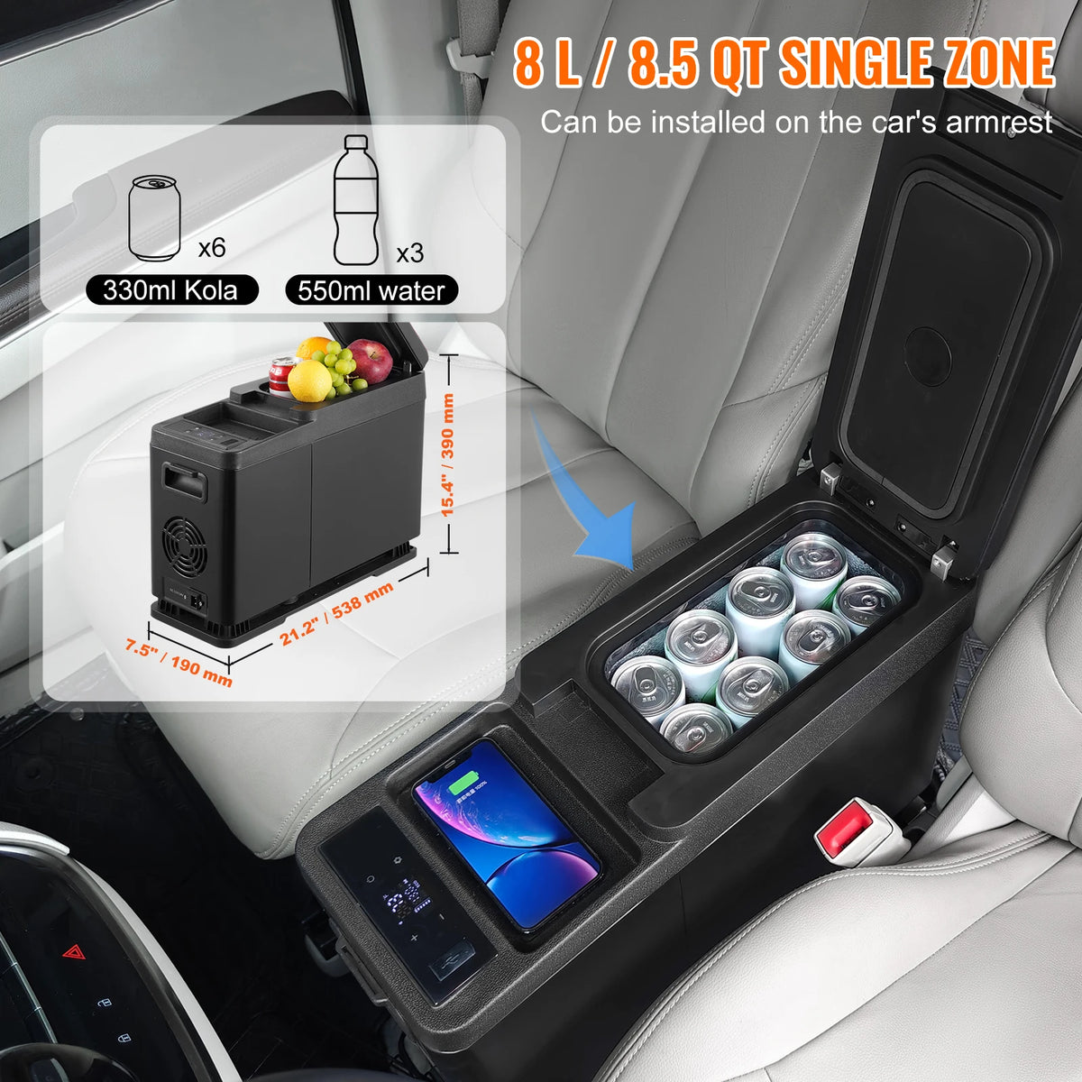 SucceBuy 8L Car RefrigeratorCar Armrest Refrigerator Fridge 8L Single Zone Freezer -4℉-68℉ Adjustable Range 12/24V DC and Cooler