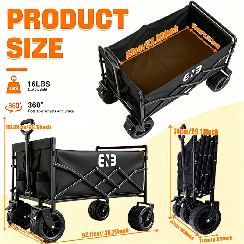 Quiet All-Terrain Folding Multifunctional Shopping Cart—Large Storage Capacity, One-Button Folding for Easy Storage, Black Waterproof Oxford Fabric with Side Cup Holders—Ideal for Camping, Outings, Gardening, and Heavy-Du