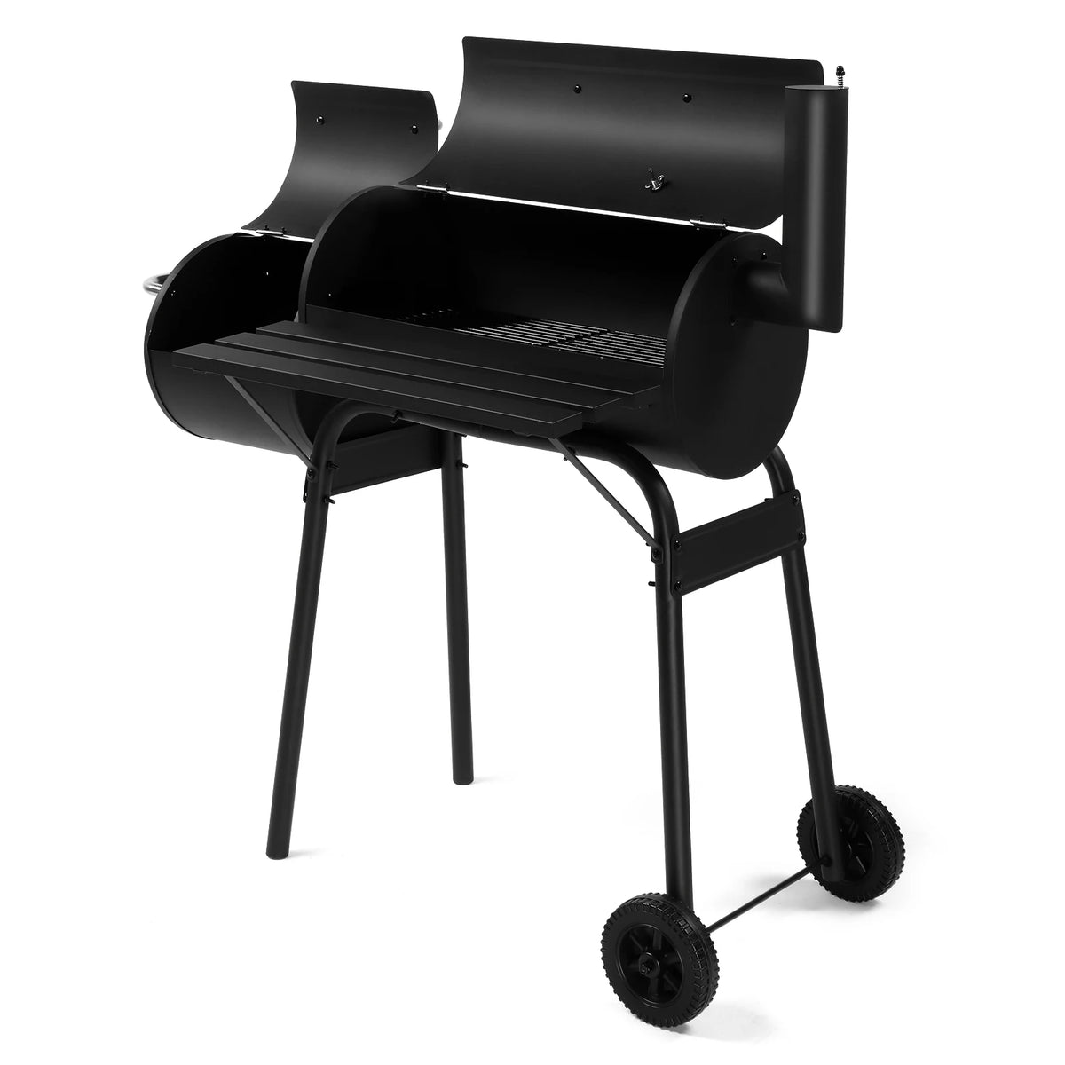 Barrel Charcoal Grill with Offset Smoker, All Metal Outdoor Smoker with Side Table and Wheels for Outdoor Garden Patio