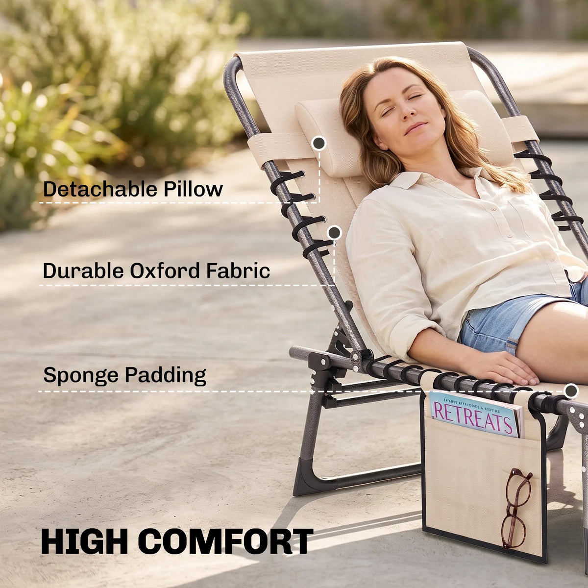 Outdoor Reclining Folding Chaise Lounge Chair, Adjustable, Padded, Pocket, Beige