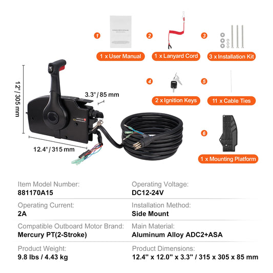SucceBuy Boat Throttle Control Side Mounted Outboard Remote Box for Mercury PT 4Stroke Marine Power Trim Switch Harness Lanyard