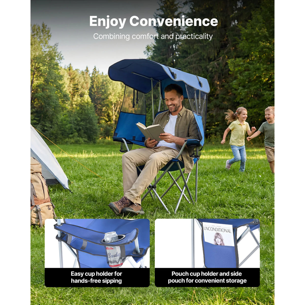 SucceBuy 330lbs Camping Chair with Canopy Shade Magazine Pocket 2 Cup Holders Carry Bags for Outdoor Fishing Tailgates Deep Blue