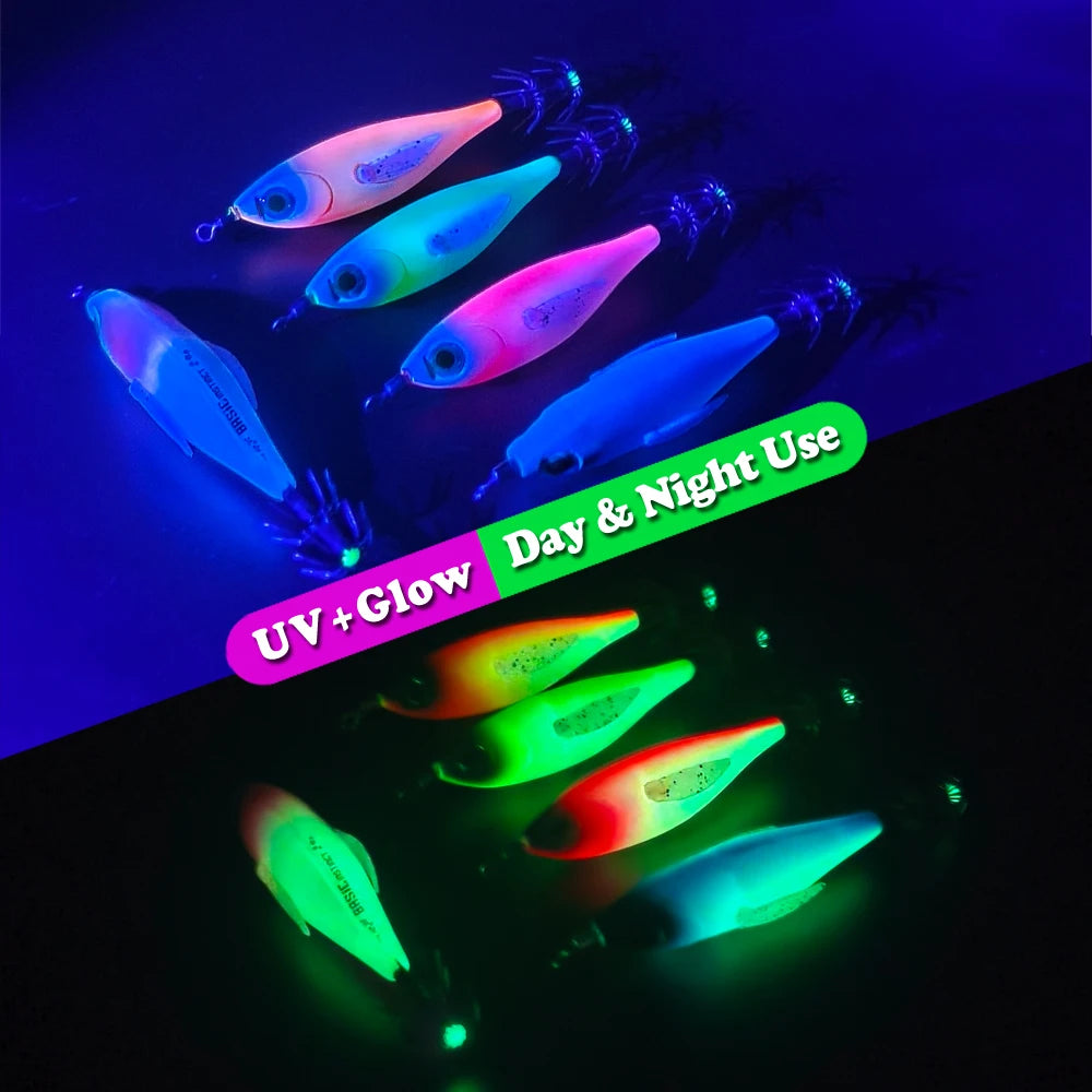 5Pcs UV Glow Squid Jig Egi Lures Sharp Hooks Luminous Wooden Shrimp Bait Saltwater Octopus Cuttlefish Sea Fishing Tackle Kit