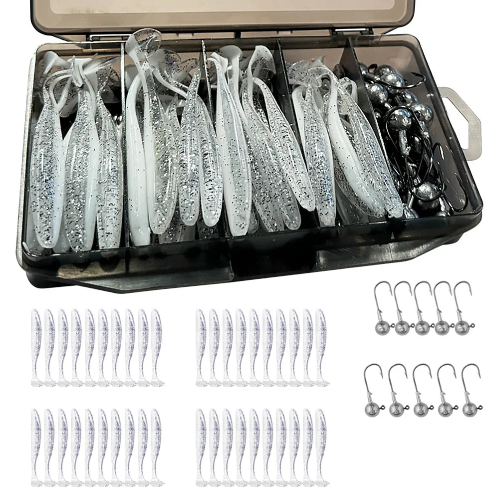 50PCS/Box Metal Jig Bait 5.5cm 7cm 10cm Soft Lure 3g 5g 7g 10g 14g Jigging Head Hook Carp Fishing Box Pesca Sinking Lure Kit